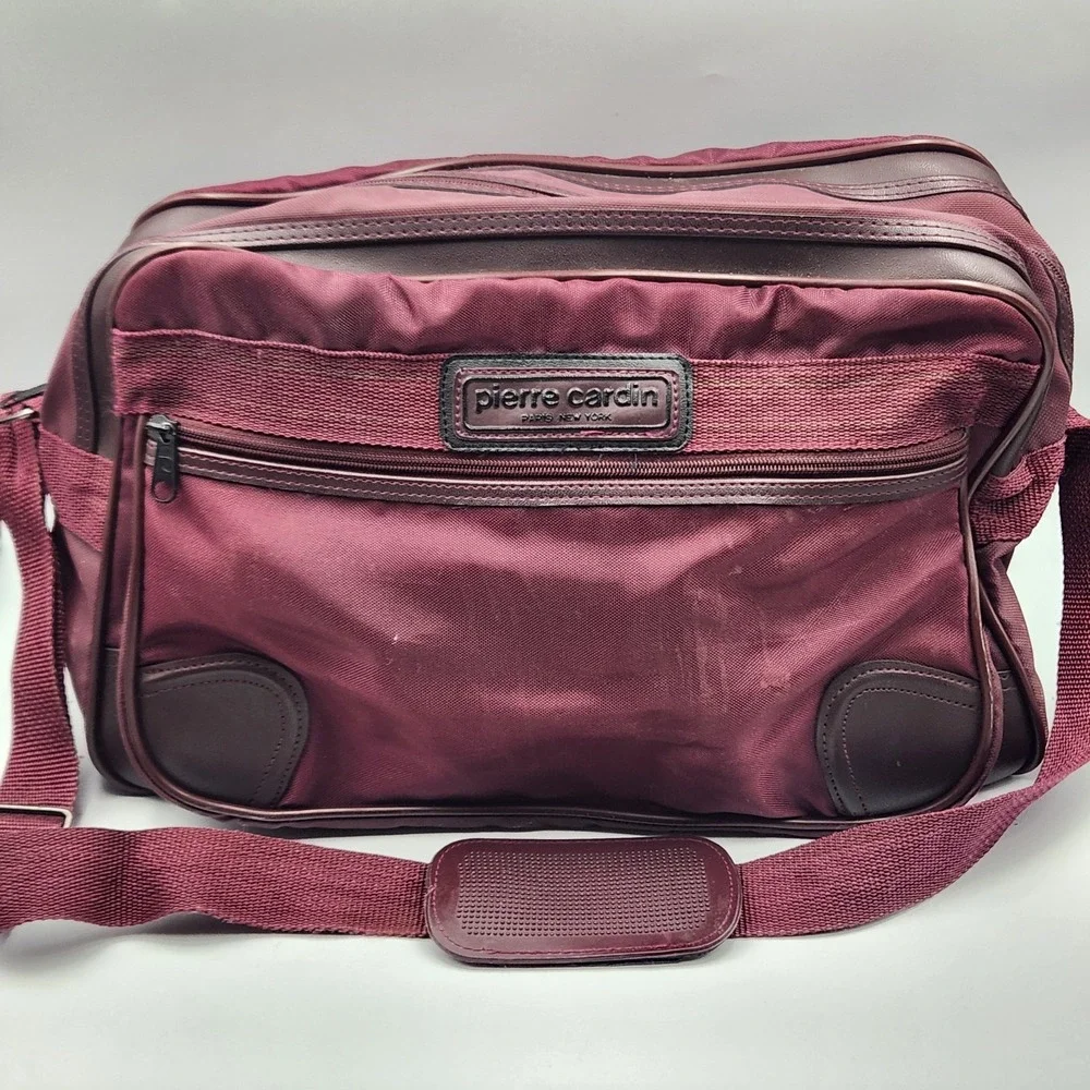 Vintage Pierre Cardin Burgundy Nylon Travel Duffle Gym Bag Made in Korea 15 Inch